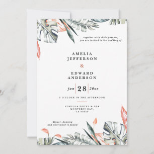 Boda foliáceo de hoja coral rosa y tropical