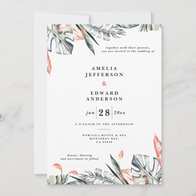 Boda foliáceo de hoja coral rosa y tropical (Anverso)