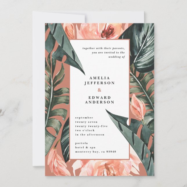 Boda foliáceo de hoja coral rosa y tropical (Anverso)