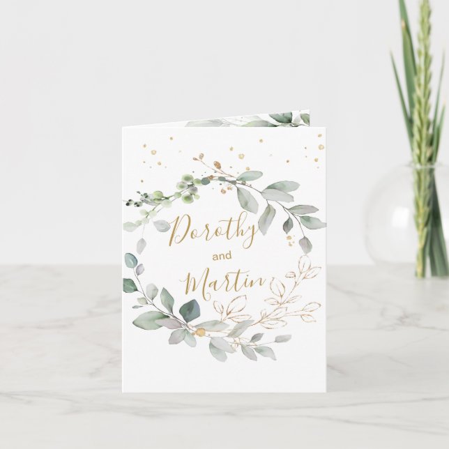 Boda follaje verde y oro Invitación plegada (Anverso)
