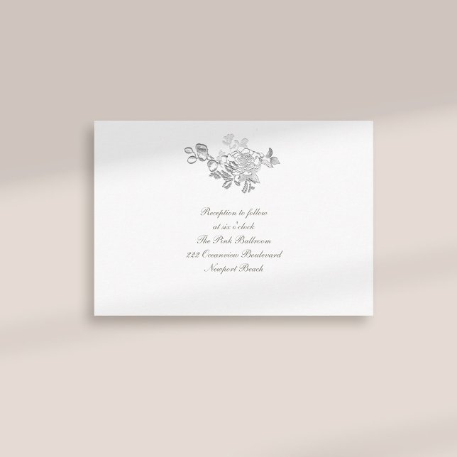 Boda formal de recepción falsa Grabado en relieve  (formal traditional elegant calligraphy wedding reception card faux embossed peony ivory classic)