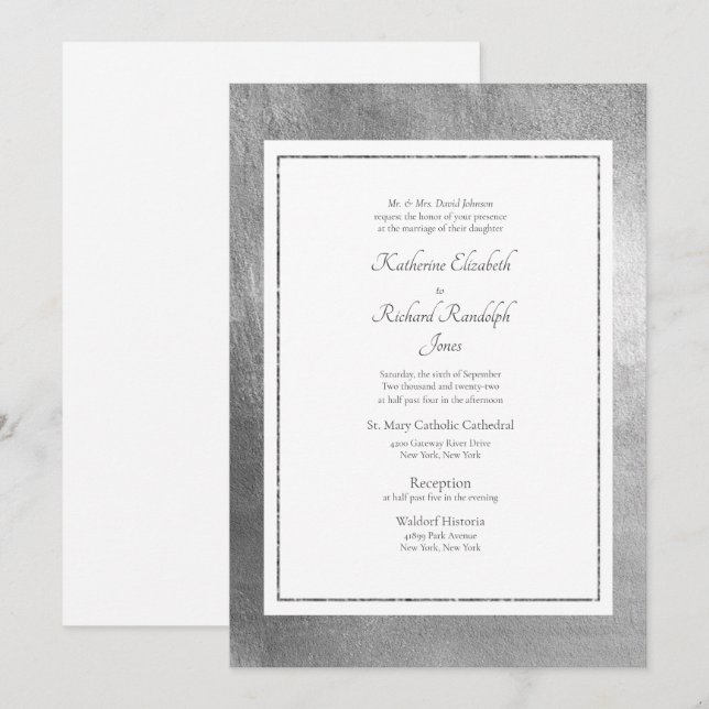 Boda formal y elegante Invitación blanca y platead (Anverso / Reverso)