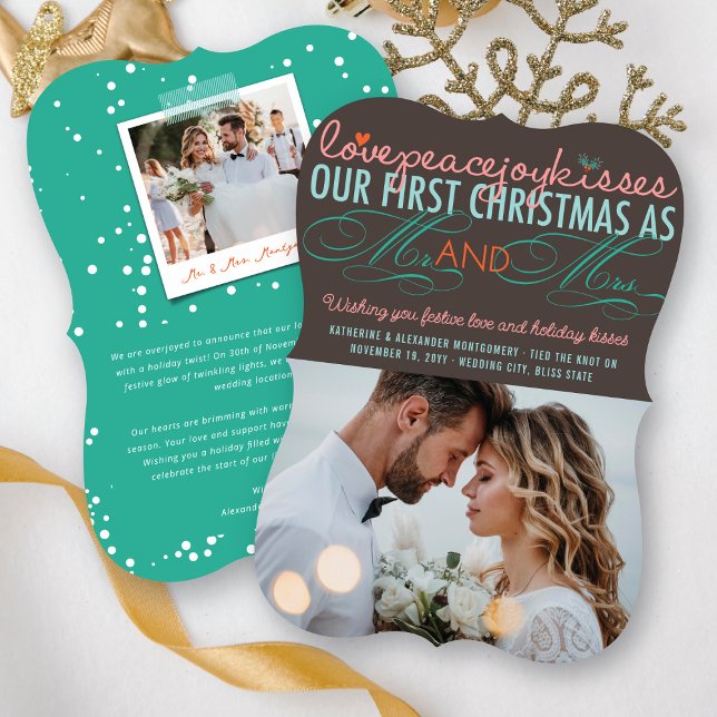 Boda Foto de Navidad con Muérdago de Sr. y Sra. Pr (Colorful Love Peace Joy Kisses Our First Christmas As Mr & Mrs Holiday Wedding Photo Card @ fatfatin)