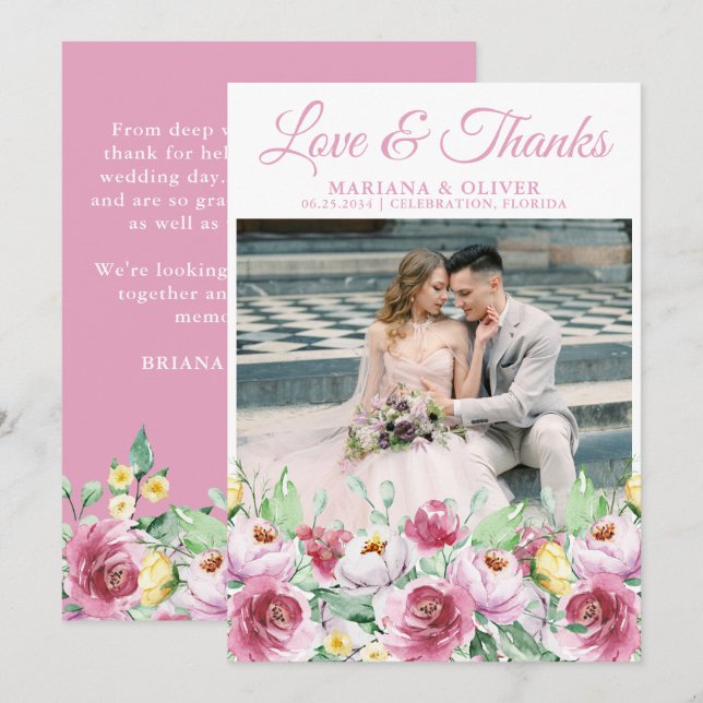 Boda Foto Gracias Tarjeta Floral Amarilla Rosa (Anverso / Reverso)