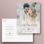 Boda fotográfica Guardar la postal de fecha<br><div class="desc">Esta sencilla y elegante foto moderna ahorra la postal de boda de fecha con un elegante texto negro en la parte delantera con un mensaje 'SAVE THE DATE' encima de sus nombres, fecha y boda local. En la parte posterior, puede que decida borrar las líneas de la información del destinatario...</div>