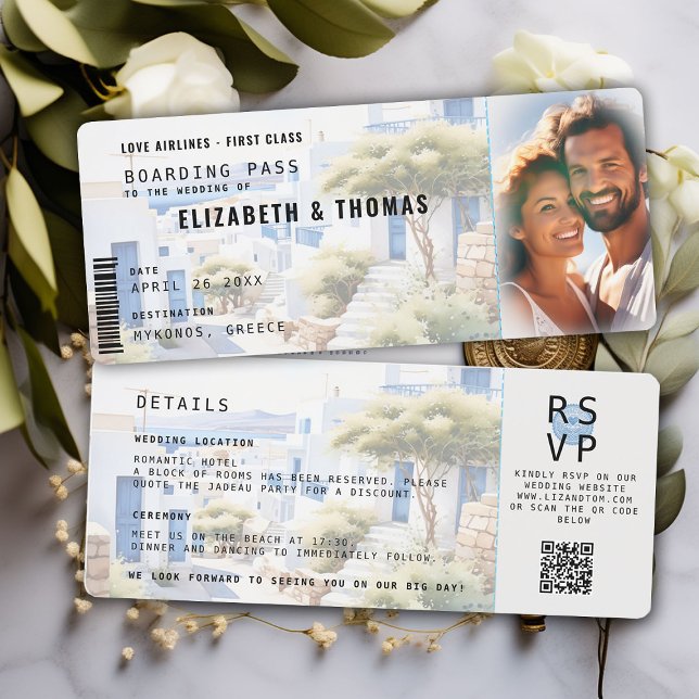 Boda fotográfico de tarjetas de embarque de destin (destination wedding invitation mykonos greek islands boarding pass photo white blue photo elegant )