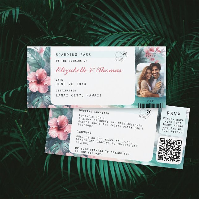 Boda fotográfico de tarjetas de embarque de destin (tropical destination wedding invitation ticket floral hibiscus watercolor qr code photo all in one)