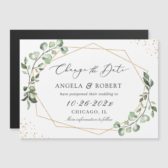 Boda Geométrico Eucalyptus Gold Posponed Magnet (Anverso/Reverso)