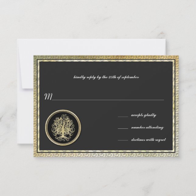 Boda Gold Metallic Swirl Tree Gold Border RSVP (Anverso)