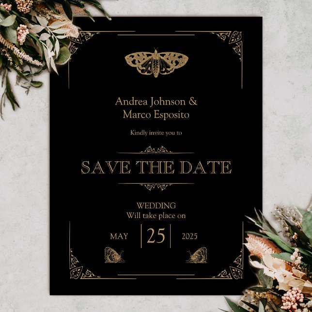 Boda gótica negra de la polilla victoriana salva l (Gothic Moth Tattoo Wedding Save the date Vintage)