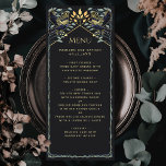 Boda Gótico Encantado Raven Menú plano<br><div class="desc">Elegante y gótico diseño boda con arvejas y follaje. Este diseño presenta un fondo negro,  con barrancos azules oscuros y hojas verdes mudas con acentos dorados. Artículos coincidentes en nuestra tienda para un tema fiesta completo.</div>