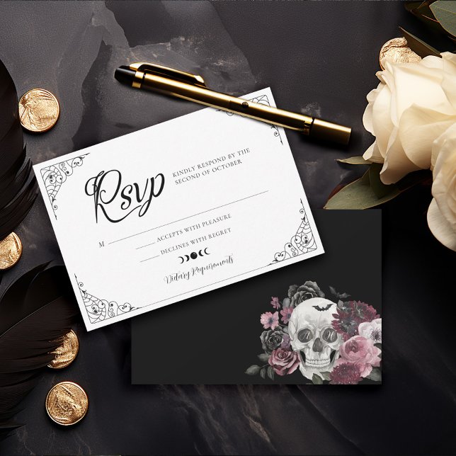 Boda Gótico Halloween Coffin Floral Skull RSVP (Gothic Halloween Wedding Coffin Floral Skull RSVP)