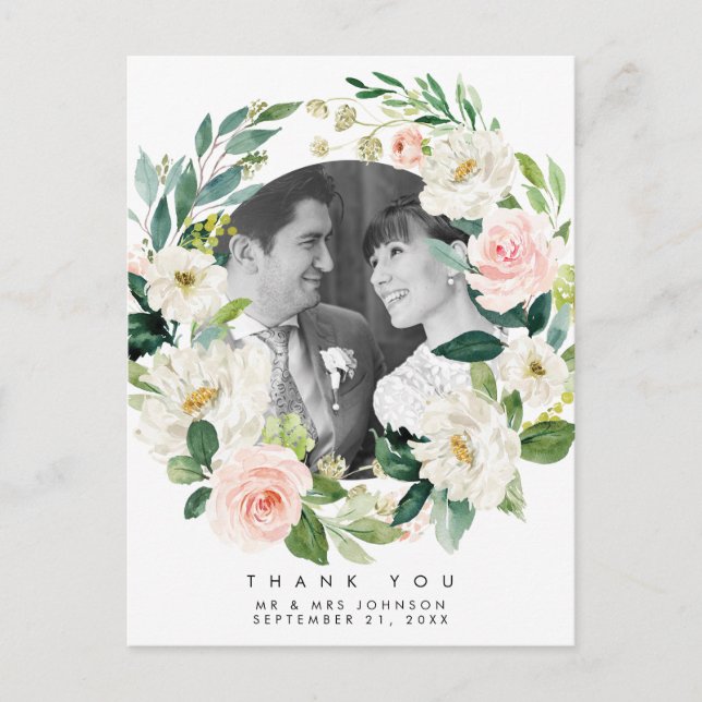 boda gracias foto postal flores rosadas (Anverso)