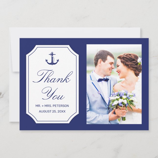 Boda Gracias Tarjeta De Foto Azul De Ancla Náutica (Anverso)