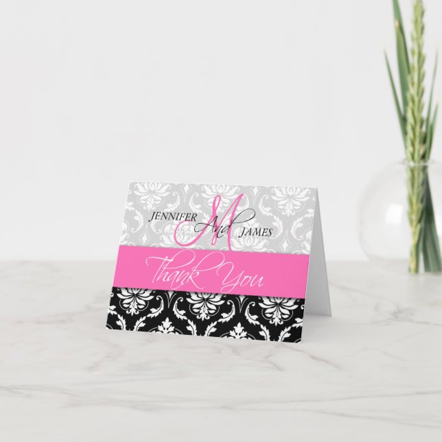 Boda Gracias Tarjetas Damask Monograma Rosa Calien (Anverso)
