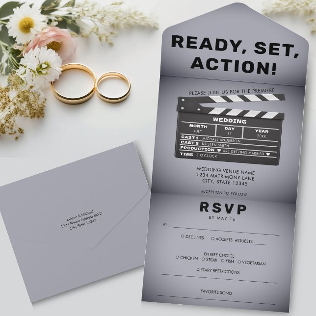 Boda gris de la tarjeta de películas de película d (Retro Movie Film Clap Board Grey Wedding All In One Invitation)