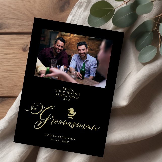 Boda Groomsman de Black Funny Photo (Black Groomsman Funny Wedding Minimalist Photo Proposal Card.)