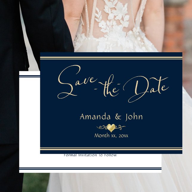 Boda Guardar La Tarjeta De Compromiso De Oro De La (Wedding Save The Date Navy Gold Engagement Card)