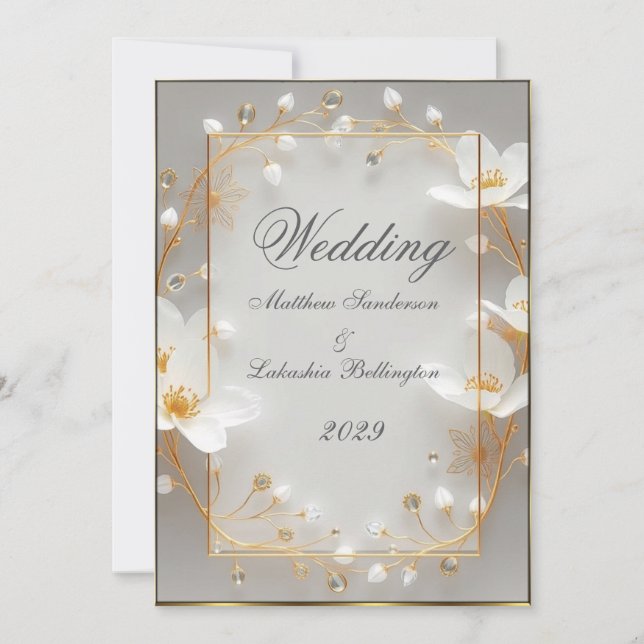 Boda Hermosas flores blancas oro Invitación (Anverso)