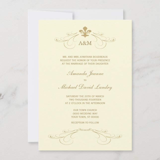 Boda I Invitaciones de Champagne Gold Fleur de Lis (Anverso)