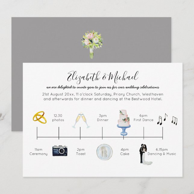 Boda Ilustrado Cronología Invitación Iconos Divers (Anverso / Reverso)