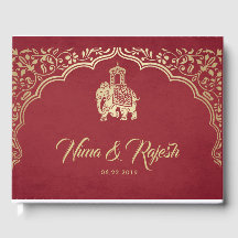Boda indio invitado libro con Ganesha, rojo, oro
