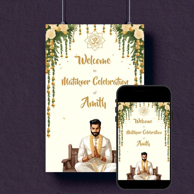 Boda indio Matikoor Haldi prepara señal de bienven (Matikoor Haldi Indian wedding grooms editable template welcome sign poster digital download gold)