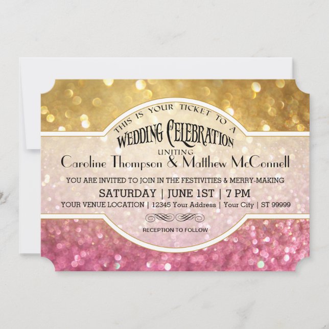 Boda Invitación Bokeh Ticket Estilo Oro Rosa (Anverso)