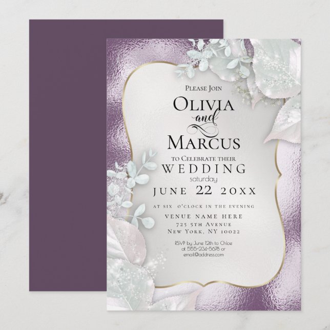 BODA | Invitación de Pearl Shimmer Eggplant (Anverso / Reverso)