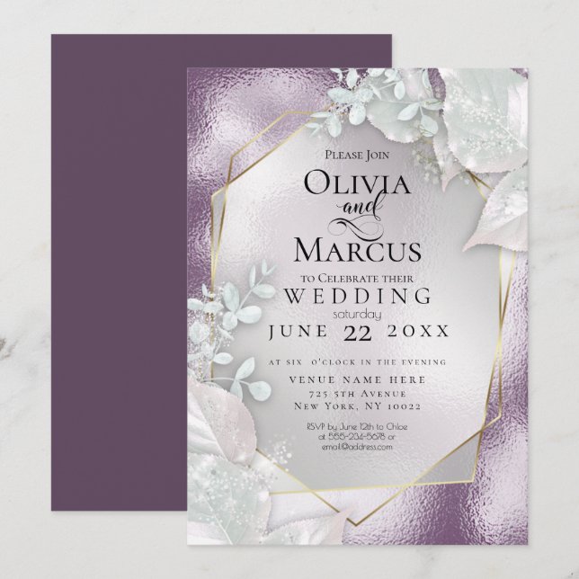 BODA | Invitación de Pearl Shimmer Eggplant (Anverso / Reverso)