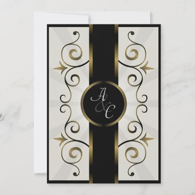 Boda Invitación dorada Crema negra elegante espira (Anverso)