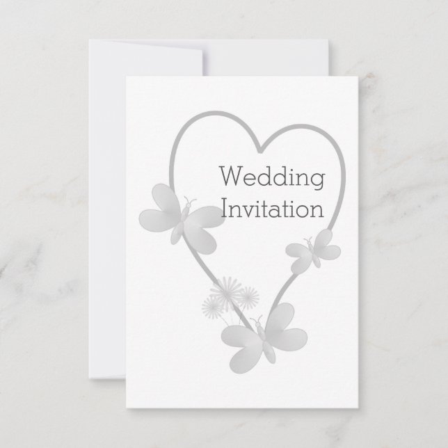 Boda Invitación Mariposas de Corazón Plateado (Anverso)