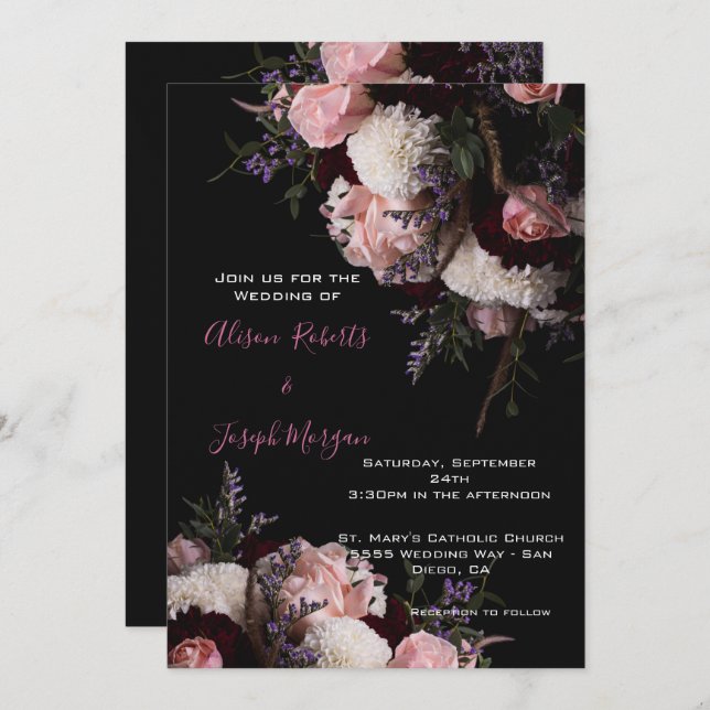 Boda Invitación Moody floral, blanco borgoñoso (Anverso / Reverso)