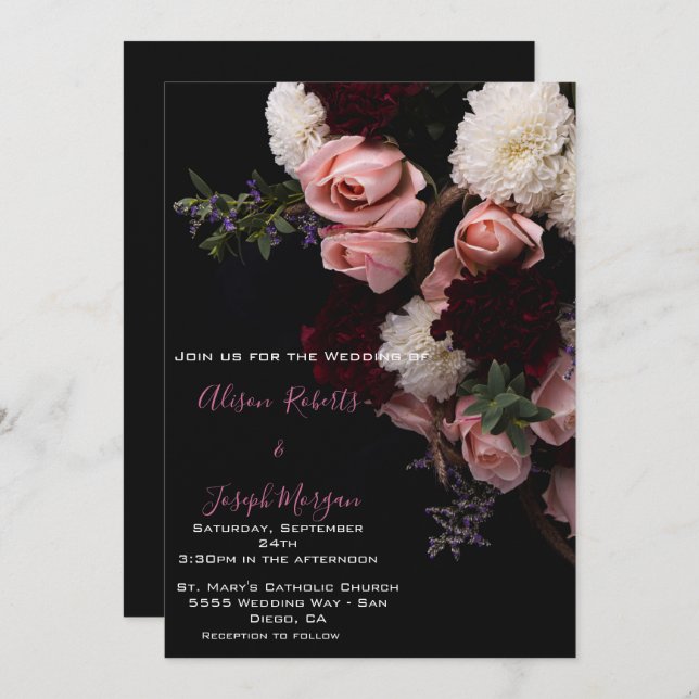 Boda Invitación Moody floral, blanco borgoñoso (Anverso / Reverso)