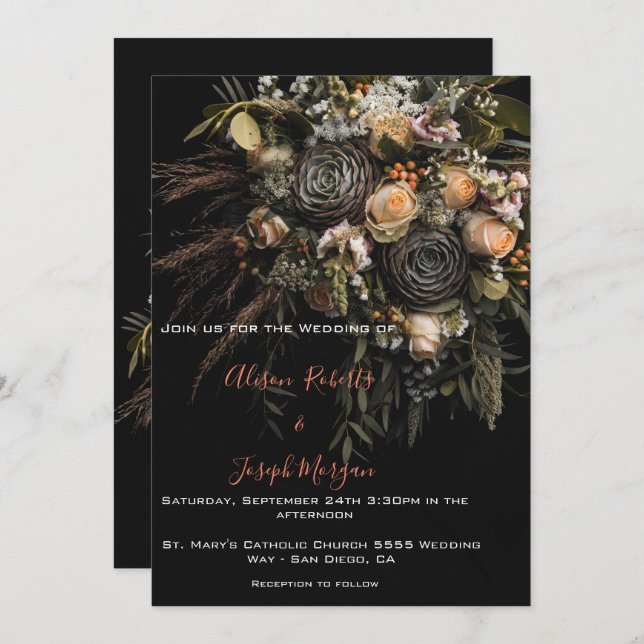 Boda Invitación Moody naranja floral blanco (Anverso / Reverso)