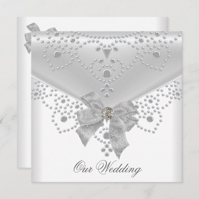 Boda Invitación plata blanca overlay Bow Jewel (Anverso / Reverso)