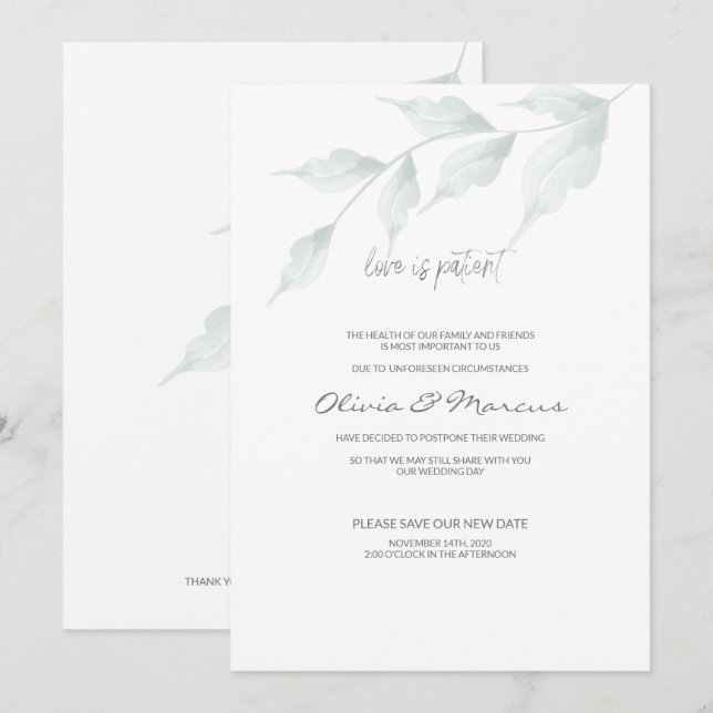 BODA Invitación pospuesta El amor es paciente (Anverso / Reverso)