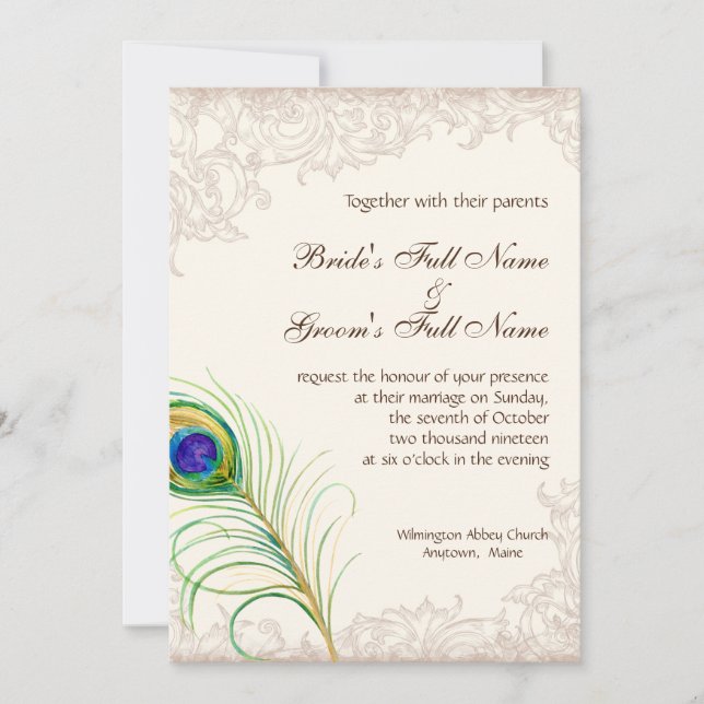 Boda Invitación Vintage Peacock Feather Etched (Anverso)