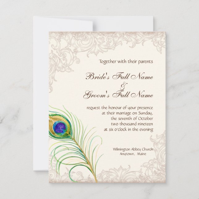Boda Invitación Vintage Peacock Feather Etched (Anverso)