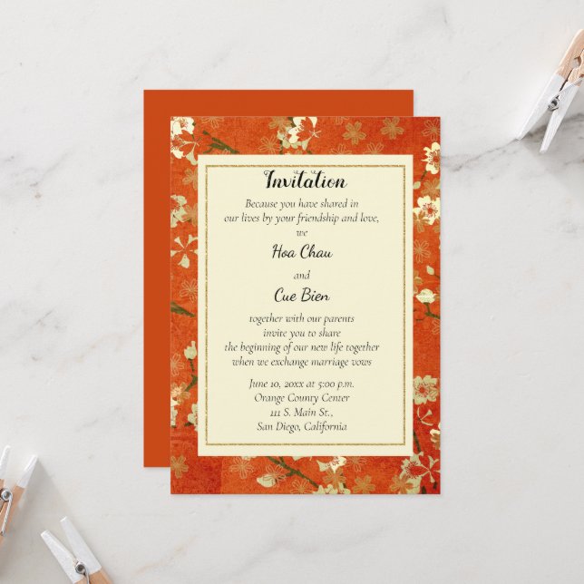 Boda japonés de invitación floral roja y dorada  (Anverso/Reverso In Situ)