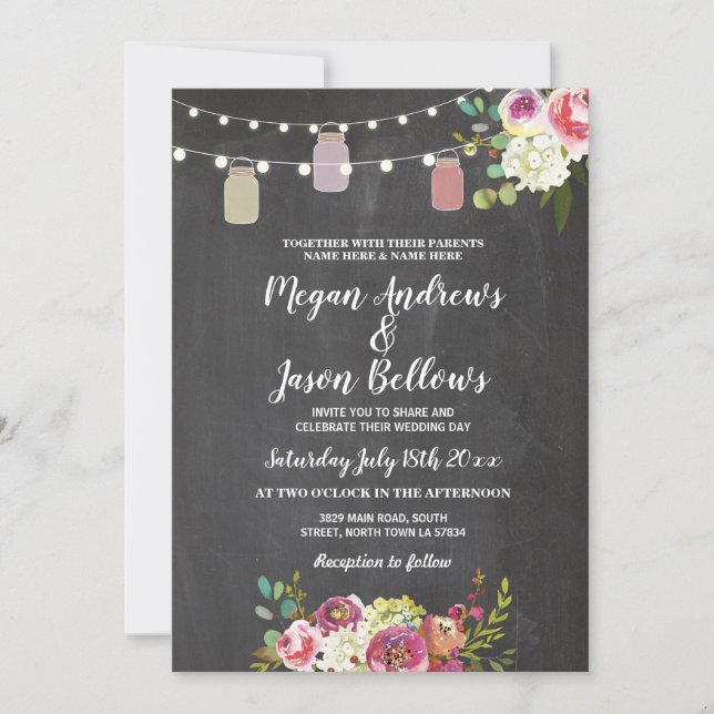 Boda Jars Chalk Rutic Floral Lights Invitación (Anverso)