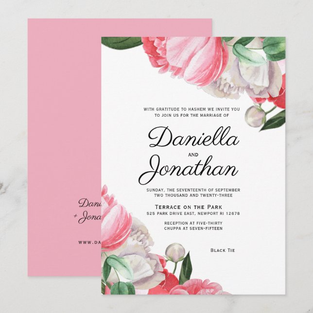 Boda judío elegante acuarela Invitación floral (Anverso / Reverso)