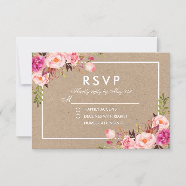 Boda Kraft Pink Rubor Watercolor Floral RSVP (Anverso)