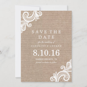 Boda Lace y Burlap Guardar la Invitación de fechas