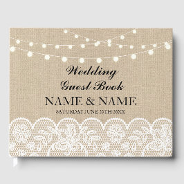 Boda Libro De Huéspedes Burlap Lace Rustic Lights