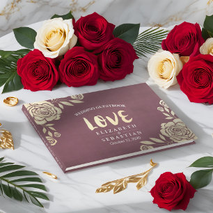Boda libro de visitas Rosas de oro modernos rojo b