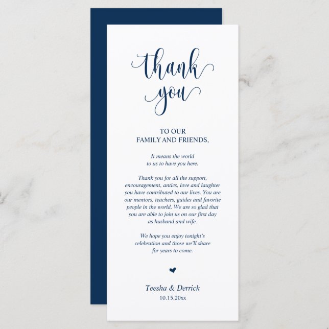 Boda Lugar Ajuste Gracias, Tarjeta Azul Navy (Anverso / Reverso)