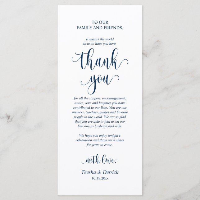 Boda Lugar Ajuste Gracias, Tarjeta Azul Navy (Anverso)