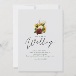 Boda manuscrito floral de girasoles de Borgoña