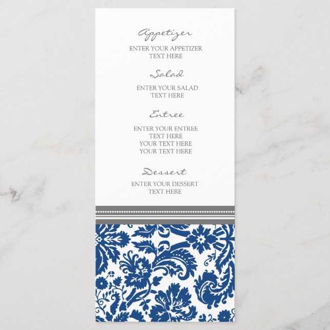 Boda Menú Patrón de Damasco azul gris (Anverso)